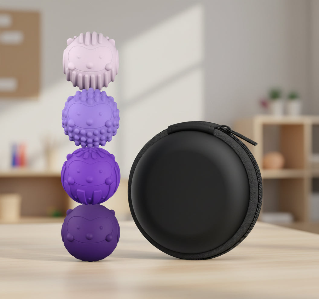 4 Stacked silicone magnetic fidget balls with textured surfaces and round black hardcase, calming sensory toy for stress relief