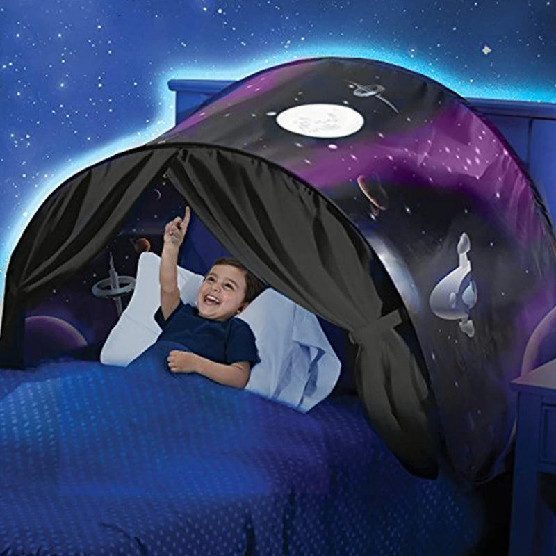 “Space-themed pop-up bed tent providing a calming, enclosed sensory environment for kids.”