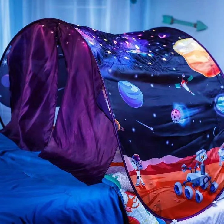 “Space-themed pop-up bed tent providing an enclosed, calming sensory environment for kids.”