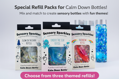Sensory Sparkles calm down bottle refill packs with a colorful background