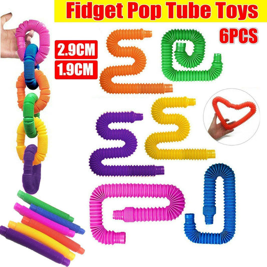Colorful fidget pop tube toys with measurements and packaging details on a white background.