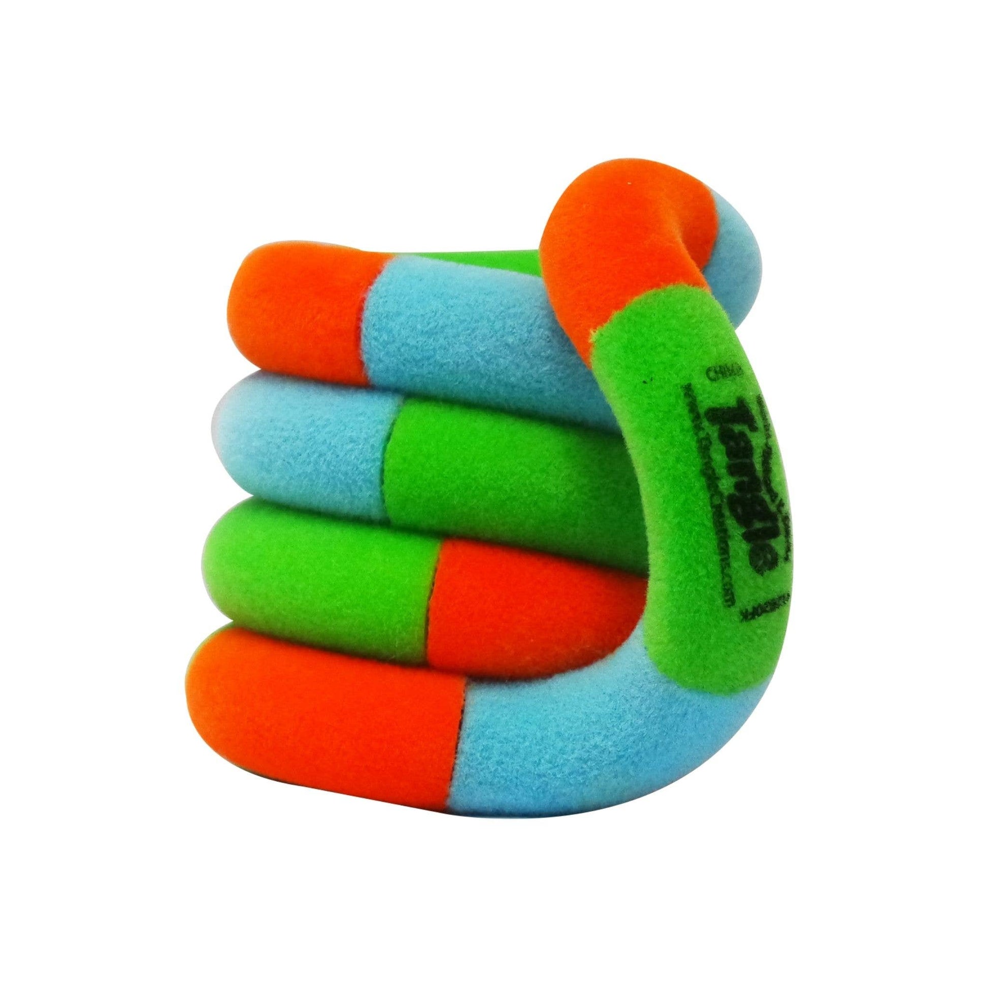Colorful foam finger toy with 'Tangle' branding on a white background