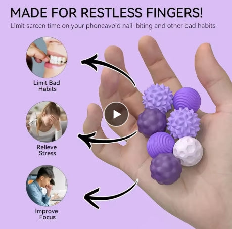 “Textured fidget balls for ADHD, autism and sensory needs, shown in a hand with icons for stress relief and habit control.”