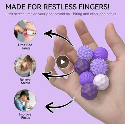 “Textured fidget balls for ADHD, autism and sensory needs, shown in a hand with icons for stress relief and habit control.”