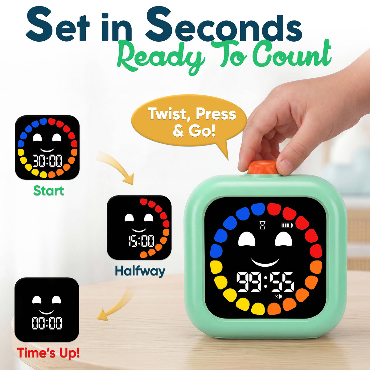 Hand turning the top dial on a mint 99-minute visual countdown timer