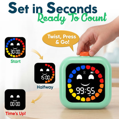 Hand turning the top dial on a mint 99-minute visual countdown timer