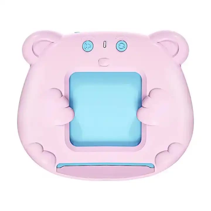Pink teddy bear-shaped device with a blue screen on a white background