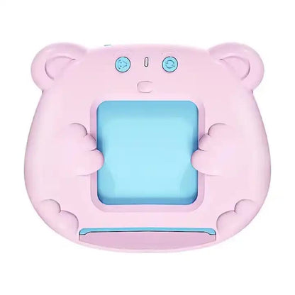 Pink teddy bear-shaped device with a blue screen on a white background