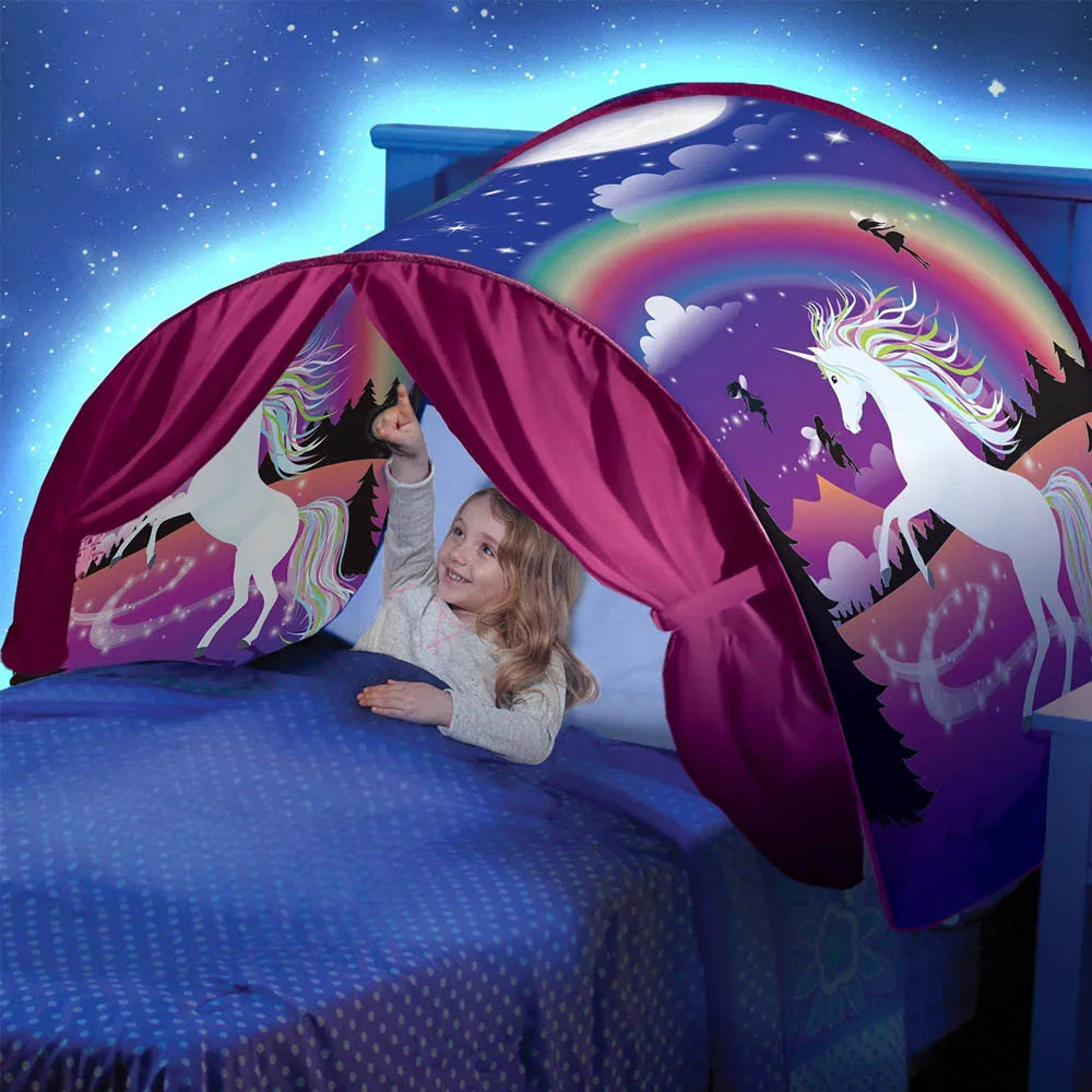 “Unicorn-themed pop-up bed tent creating a calming, enclosed sensory space for kids.”