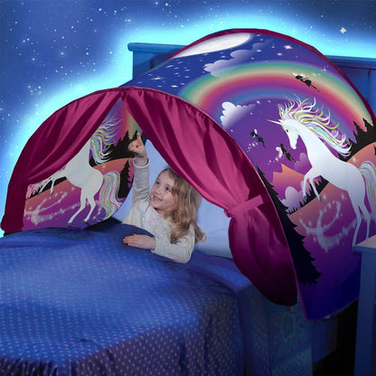 “Unicorn-themed pop-up bed tent creating a calming, enclosed sensory space for kids.”