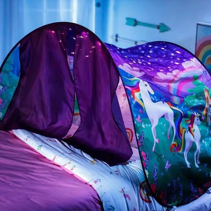 “Unicorn pop-up bed tent offering a calming, enclosed sensory space with soft purple lighting.”