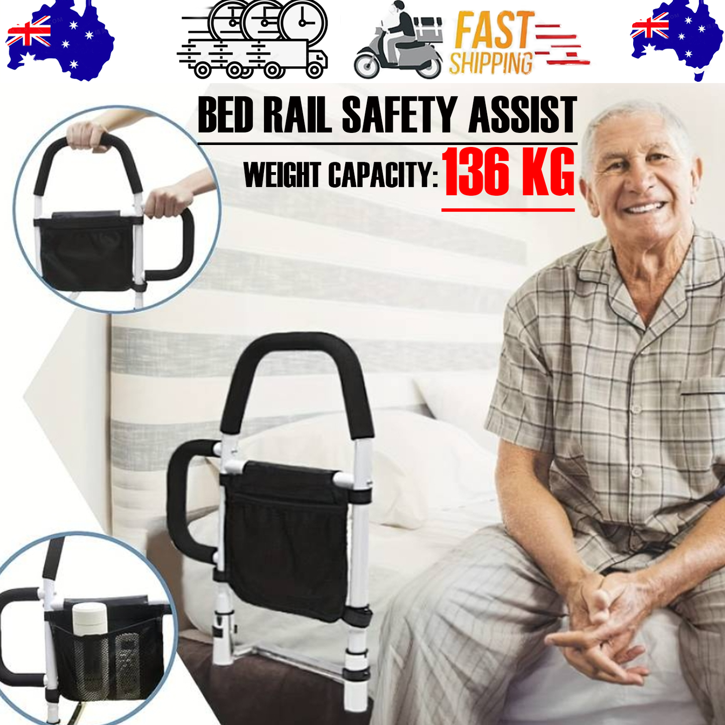 Bed Rail Safety Assist Rail for Adults with Storage Pocket &Fixing Strap