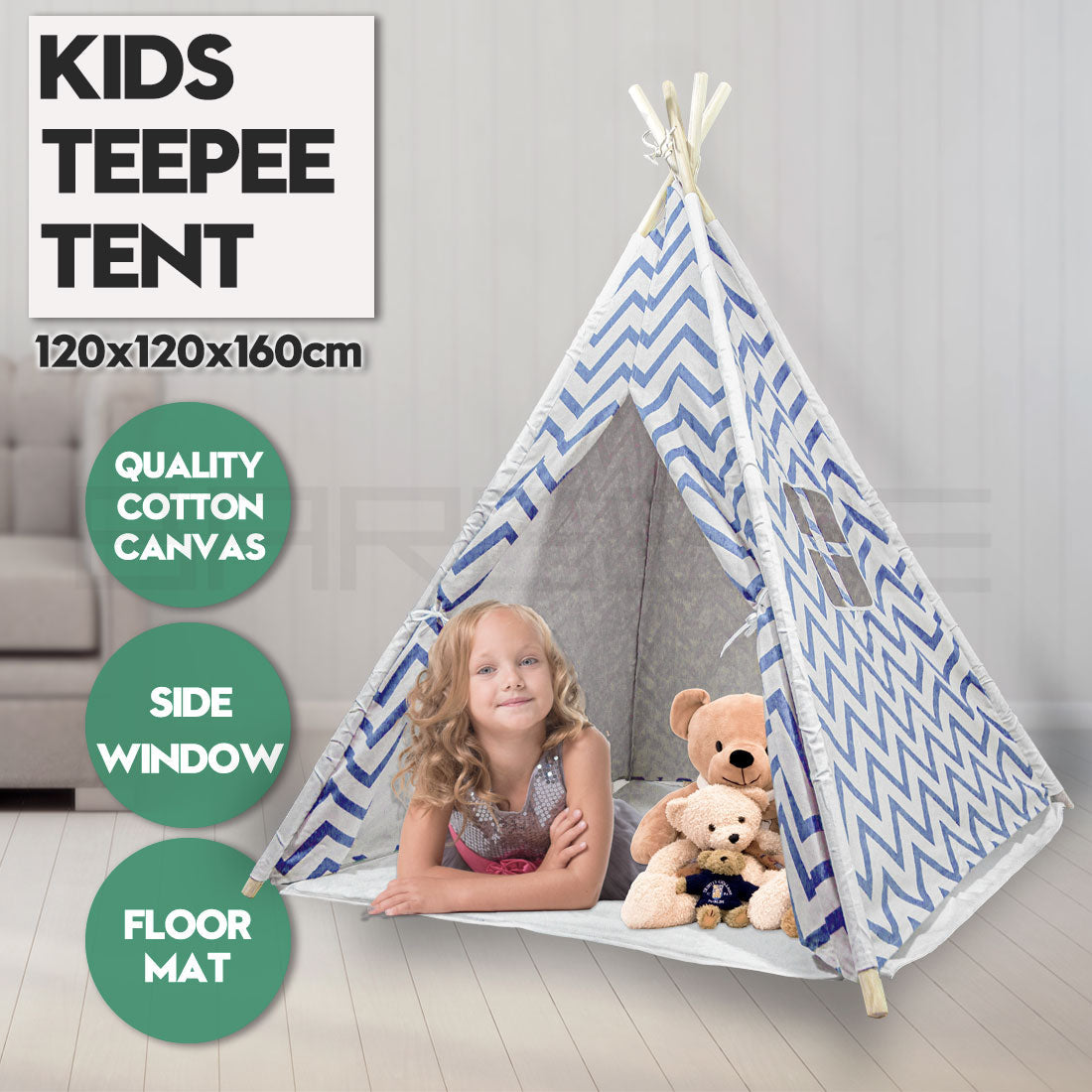 Giant Cotton Canvas Kids Teepee Wigwam Children Pretend Play Tent Indoor Outdoor Party - Navy
