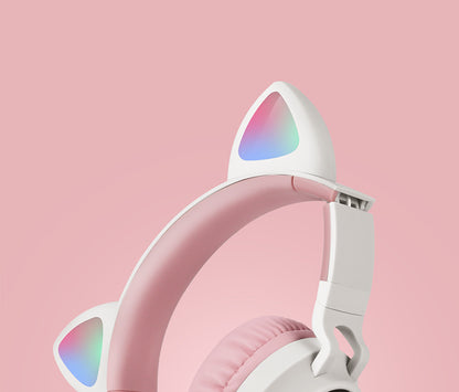Blue-Adorable Cat Ear Wireless Headphones - Bluetooth 5.0, Foldable Design, Glowing RGB LED Lights - Cute Light Blue Headset