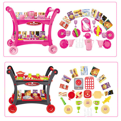 Pink Children's Pretend Play Kitchen Cart Set with Toys