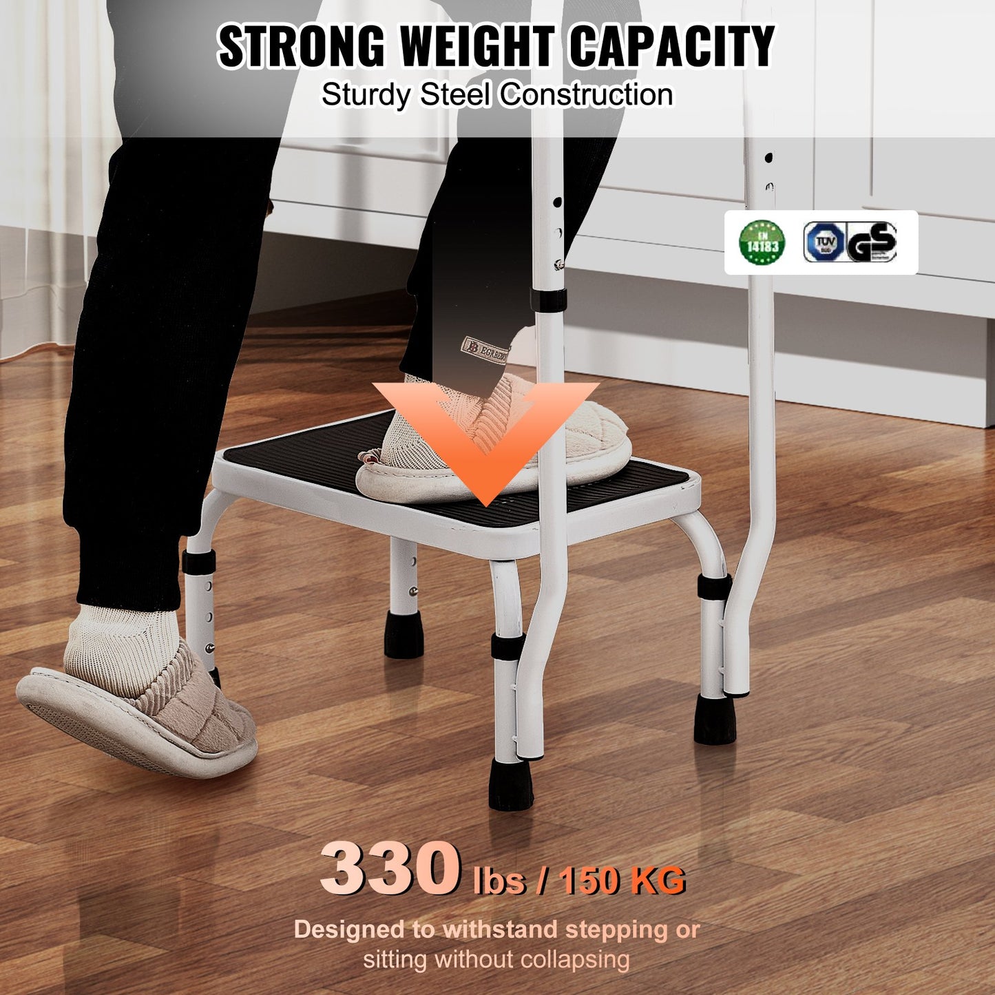 VEVOR Step Stool 1-Step 150KG Capacity, 3 Adjustable Height with Handle Steel Step Ladder, Portable Toddler Step Stools for Adults