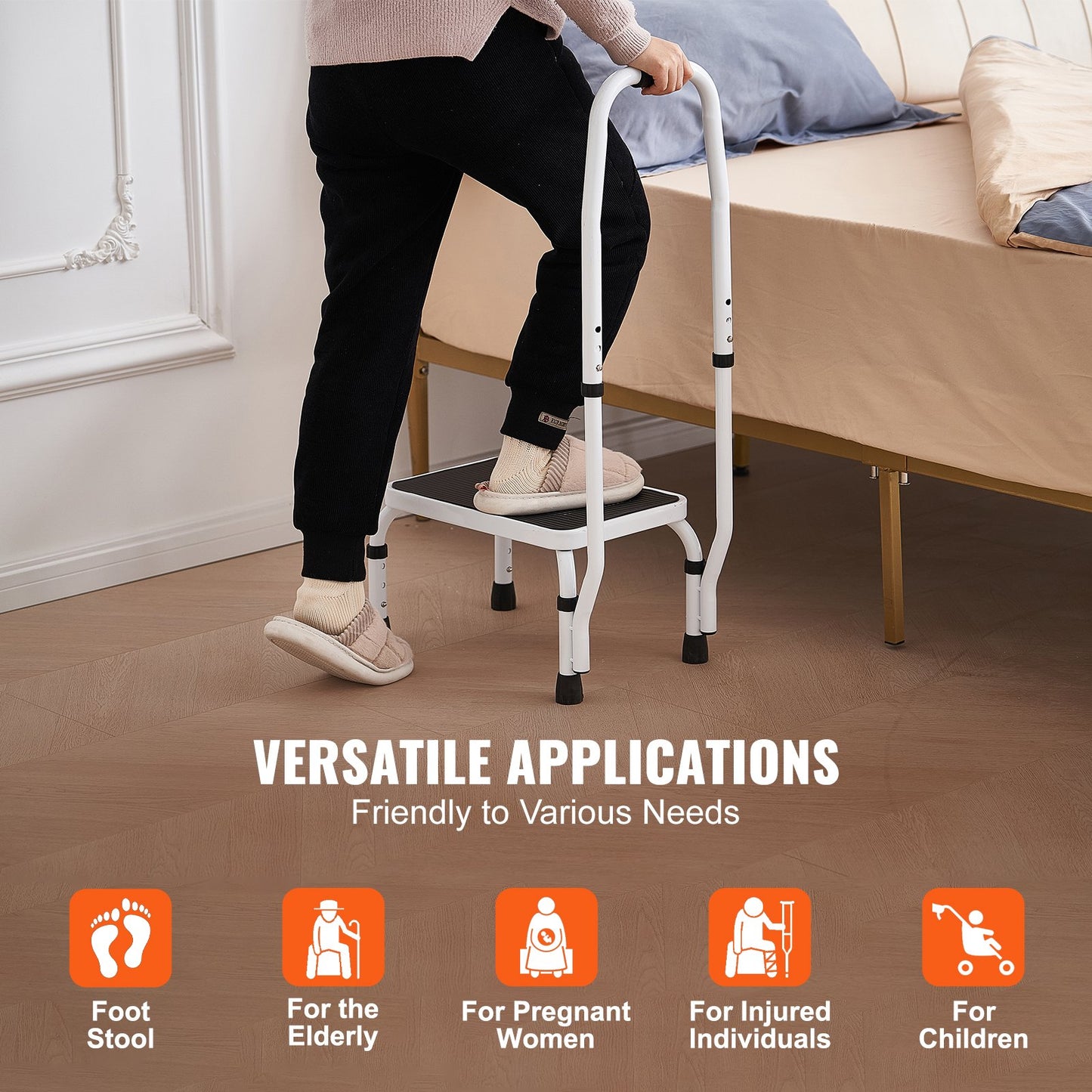VEVOR Step Stool 1-Step 150KG Capacity, 3 Adjustable Height with Handle Steel Step Ladder, Portable Toddler Step Stools for Adults