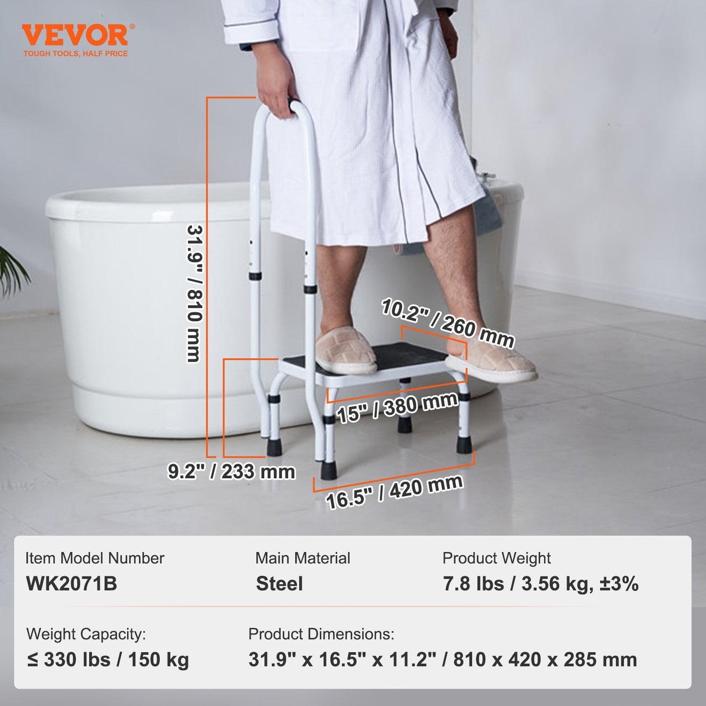 VEVOR Step Stool 1-Step 150KG Capacity, 3 Adjustable Height with Handle Steel Step Ladder, Portable Toddler Step Stools for Adults
