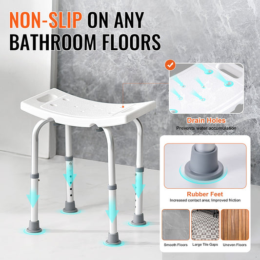 VEVOR Shower Chair, Adjustable Height Shower Stool with Built-in Handles, Shower Seat for Inside Shower or Tub, Non-Slip Bench Bathtub Stool Seat