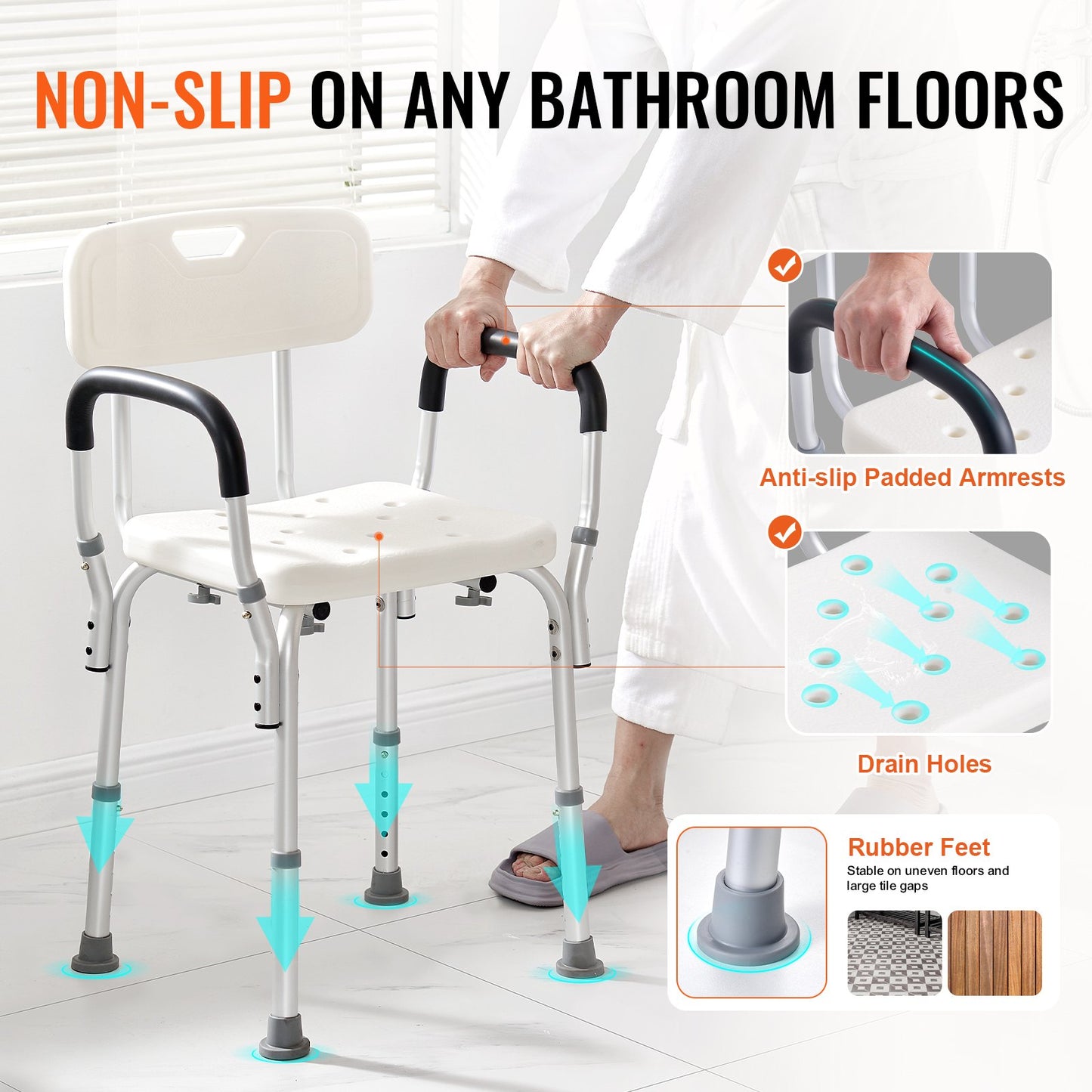 VEVOR Shower Chair, Shower Seat with Back, Adjustable Height Shower Stool, Shower Chair for Inside Shower Bathtub, Non-slip Bathroom Bench Bath Chair