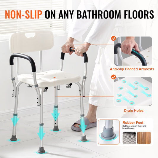 VEVOR Shower Chair, Shower Seat with Back, Adjustable Height Shower Stool, Shower Chair for Inside Shower Bathtub, Non-slip Bathroom Bench Bath Chair