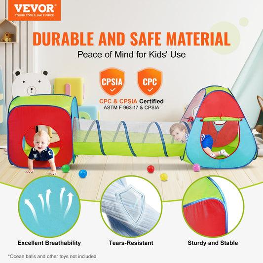 VEVOR 3 in 1 Kids Play Tent with Tunnel for Boys, Girls, Babies and Toddlers, Indoor/Outdoor Pop Up Playhouse with Carrying Bag & Banding Straps