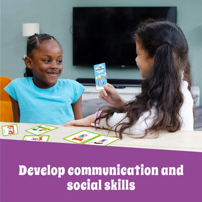 Two children playing a card game together with text about developing communication and social skills.