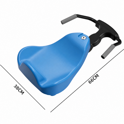 Blue gliding swing car measuring 66 cm long and 38 cm wide
