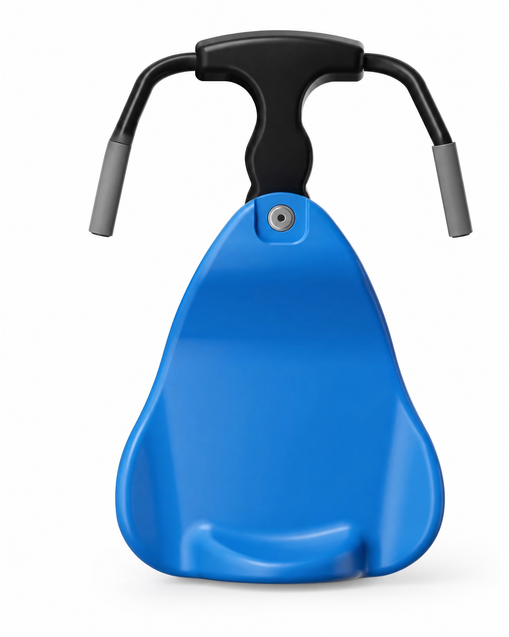 Blue gliding swing car front view with black handlebar and grey grips