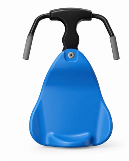 Blue gliding swing car front view with black handlebar and grey grips