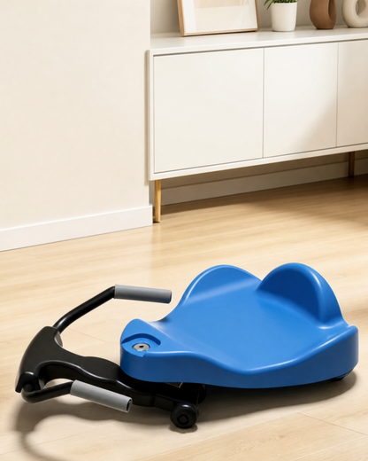 Blue gliding swing car shown from the side on a smooth outdoor-style hard surface