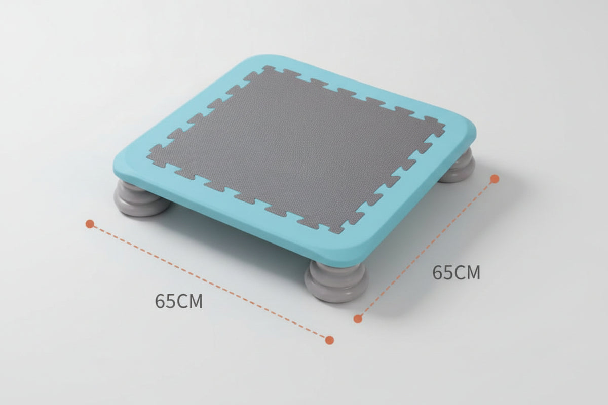 Blue Kids Sensory Mini Bounce Board with grey jumping surface, showing 65 × 65 cm dimensions