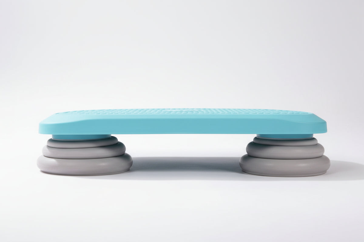 Side view of Blue Kids Sensory Mini Bounce Board showing the low-profile design and grey non-slip feet