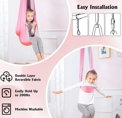 Children using a pink fabric swing with installation instructions and product features displayed.