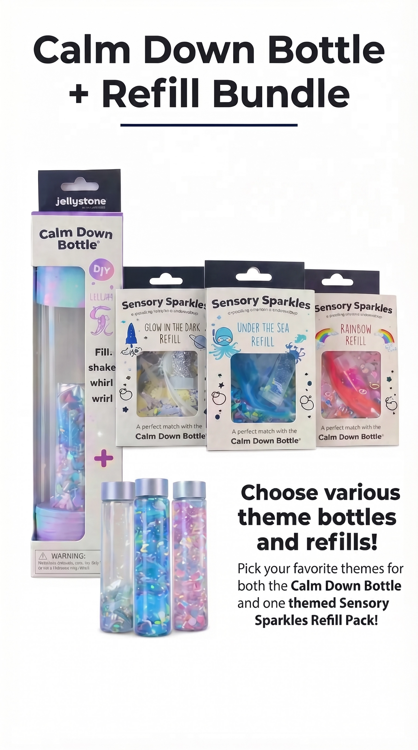Calm Down Bottle and Refill Bundle packaging with various theme options on a white background.
