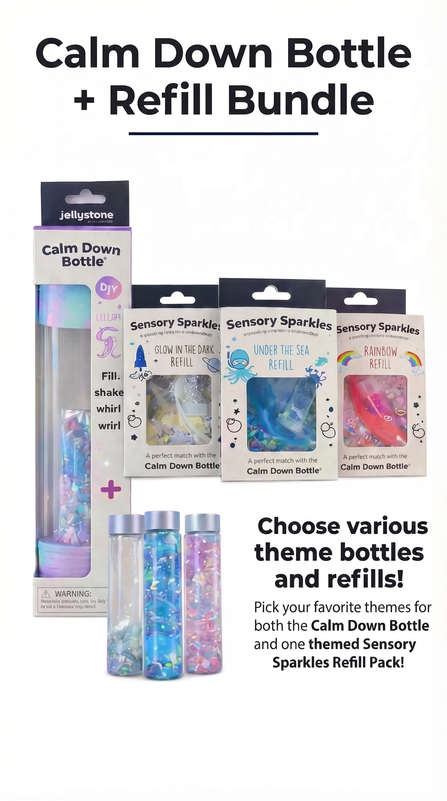 Calm Down Bottle and Refill Bundle packaging with various theme options on a white background.