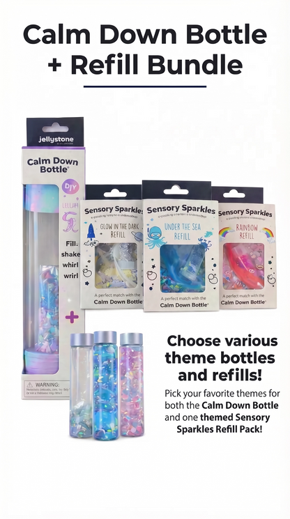Calm Down Bottle and Refill Bundle packaging with various theme options on a white background.