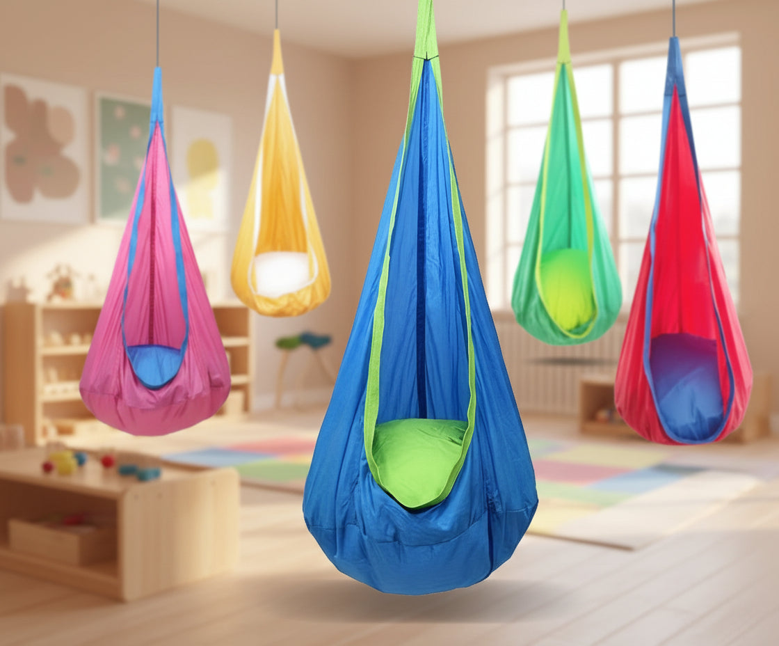 Colorful hanging sensory chairs in various colors on a white background