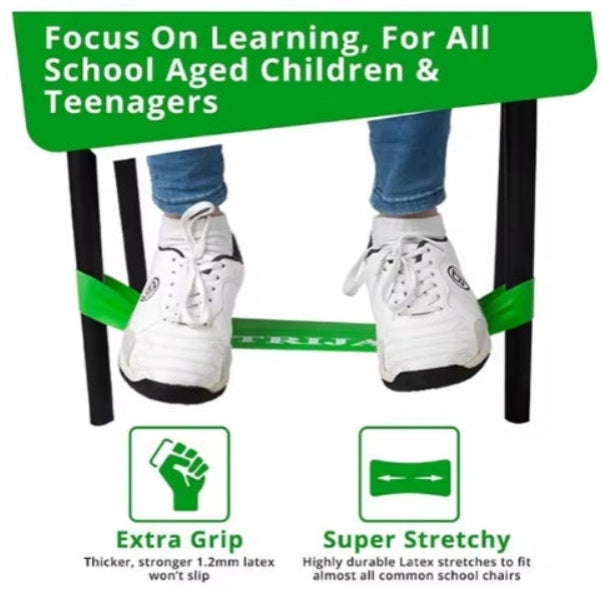 Product advertisement for a chair strap with text 'Focus On Learning, For All School Aged Children & Teenagers' and features of 'Extra Grip' and 'Super Stretchy'.