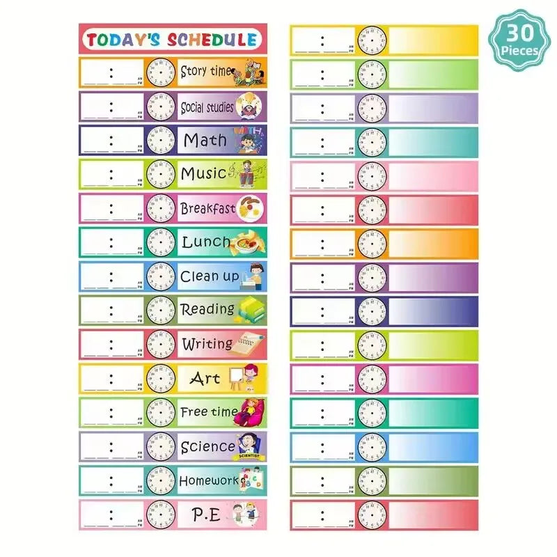 Boho pocket chart showing morning and school routine cards
