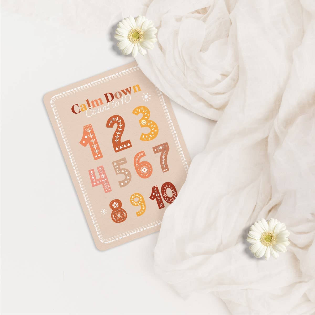 Card with numbers and 'Calm Down' text on a white background with flowers