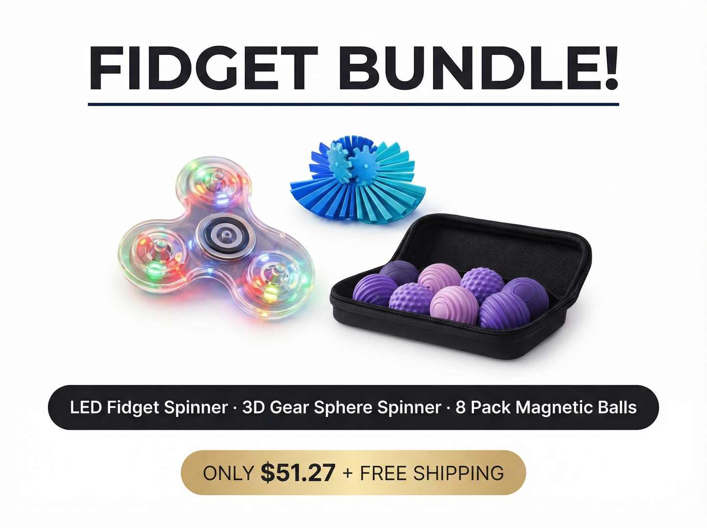 Fidget bundle with LED fidget spinner, 3D gear sphere spinner, and 8 pack magnetic balls on a white background.