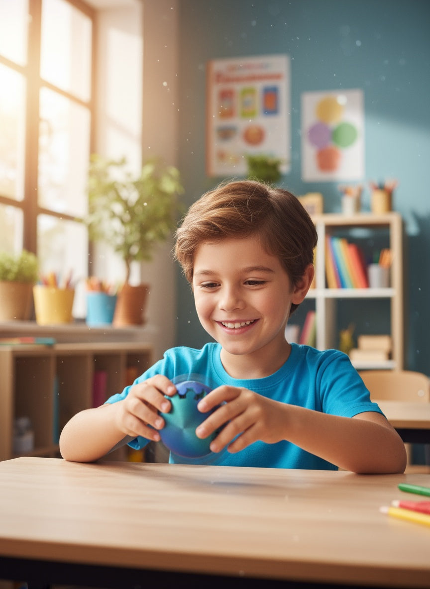 Child playing with a fidget toy in a classroom setting