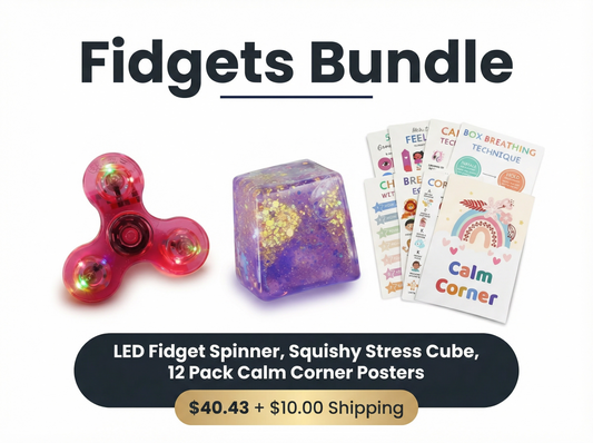 Fidgets Bundle with LED Fidget Spinner, Squishy Stress Cube, and Calm Corner Posters on a white background.