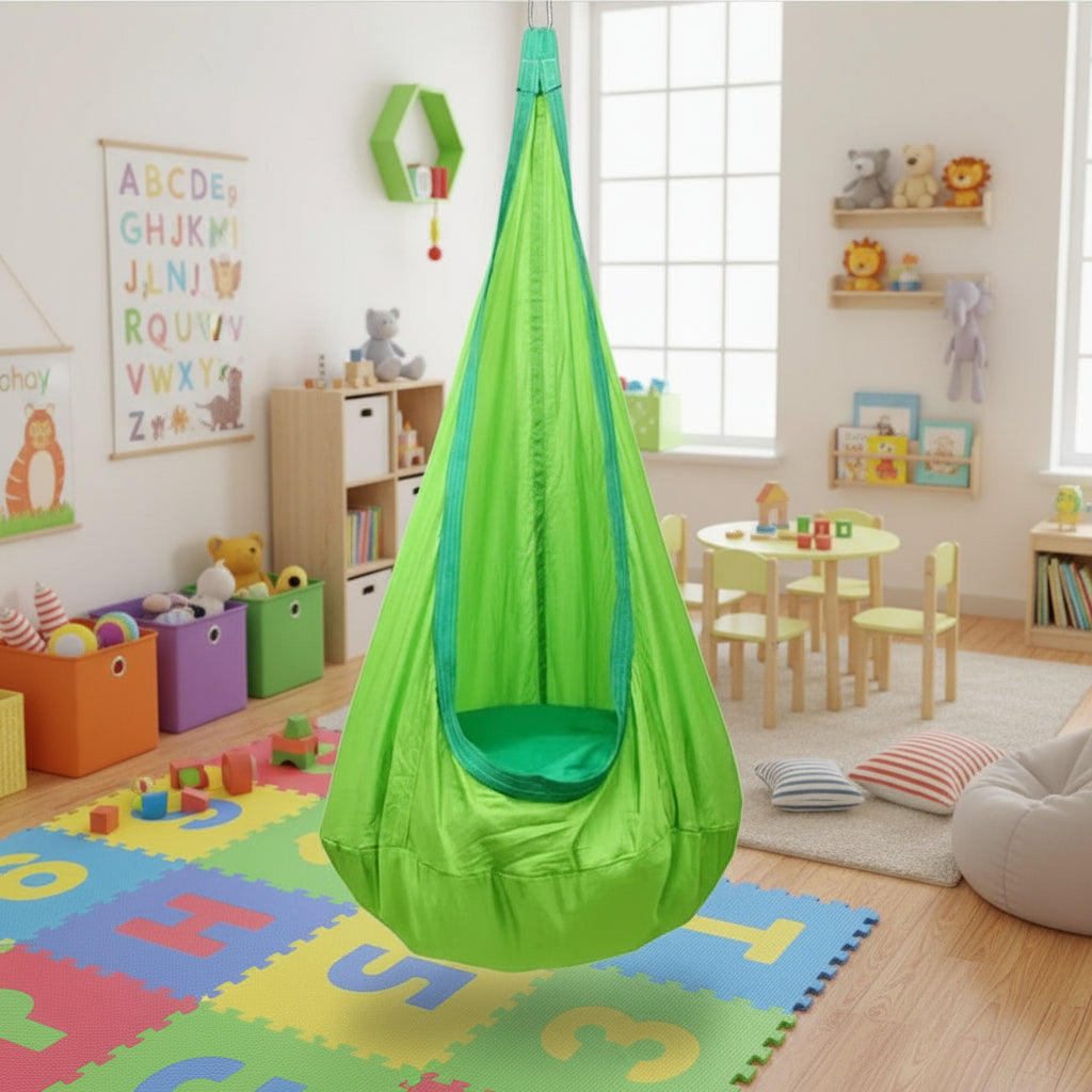 Green cotton canvas hammock swing chair in a colourful children's playroom