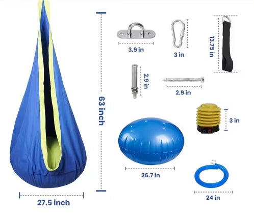 Measurement chart of a blue hanging pod with accessories on a white background