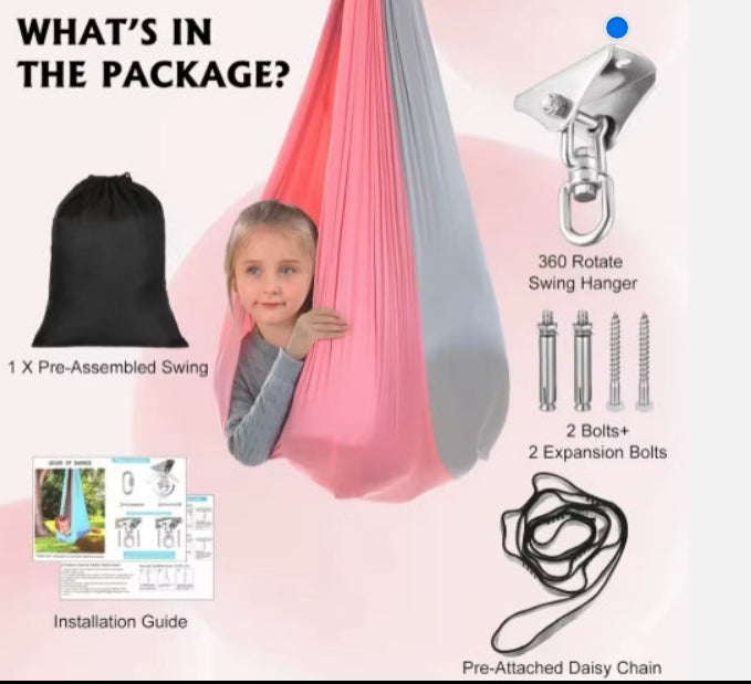 Package contents of a swing set with swing, hanger, bolts, and installation guide on a pink background.