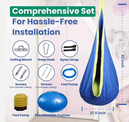 Set of items for hassle-free installation with a blue sensory swing and measurements.