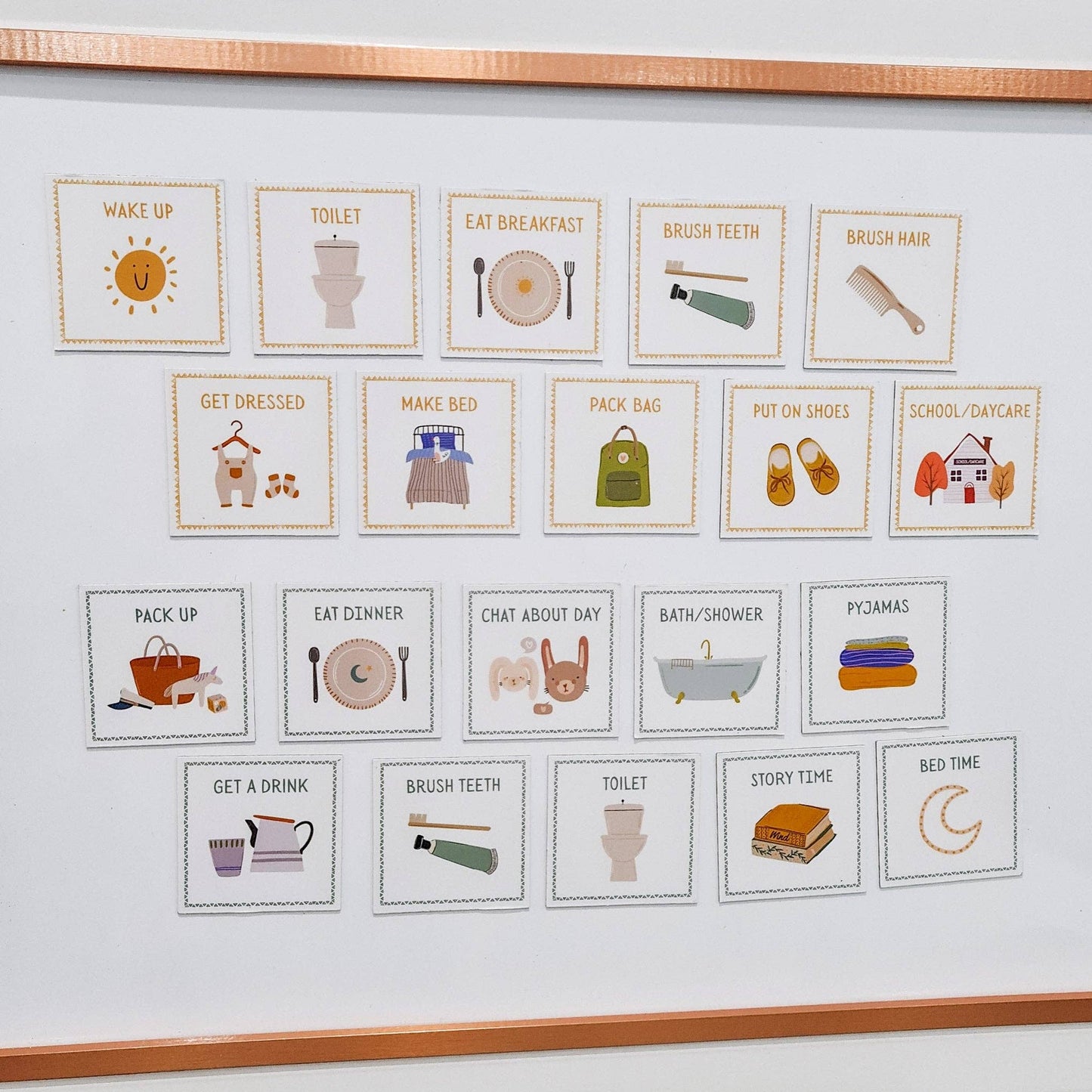 Children's daily routine chart with illustrations and text on a white background