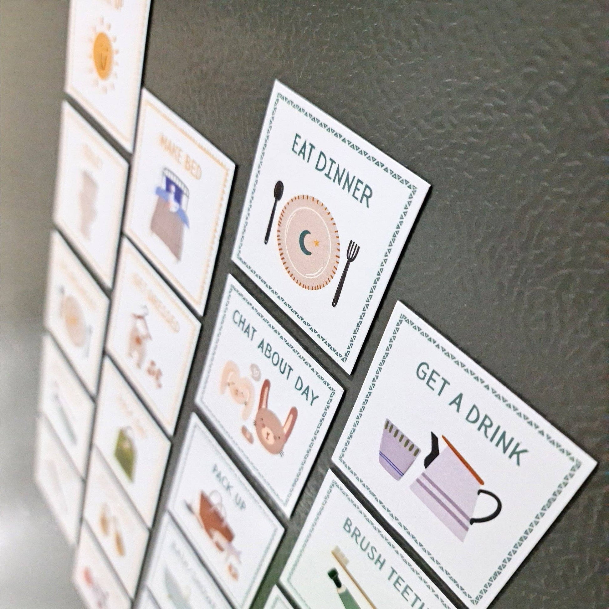 Set of daily routine cards on a magnetic board